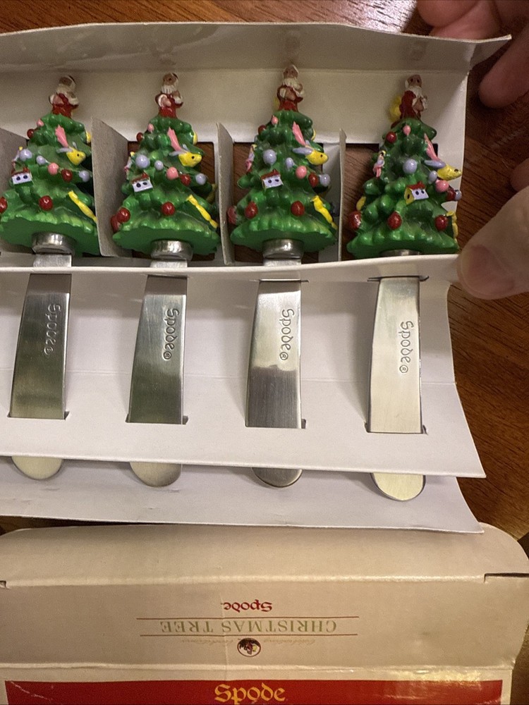 Spode Figural Christmas Tree Canape Knives Cheese Spreaders Box Damage