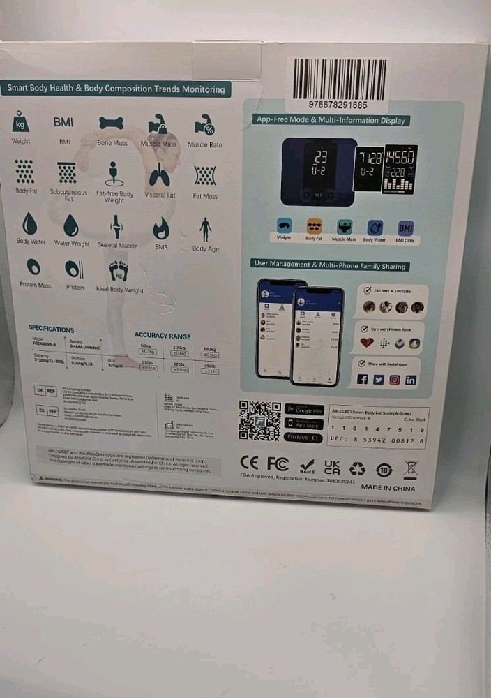 ABLEGRID Body Fat Scale, Digital Smart Bathroom Scale NEW - Open Box