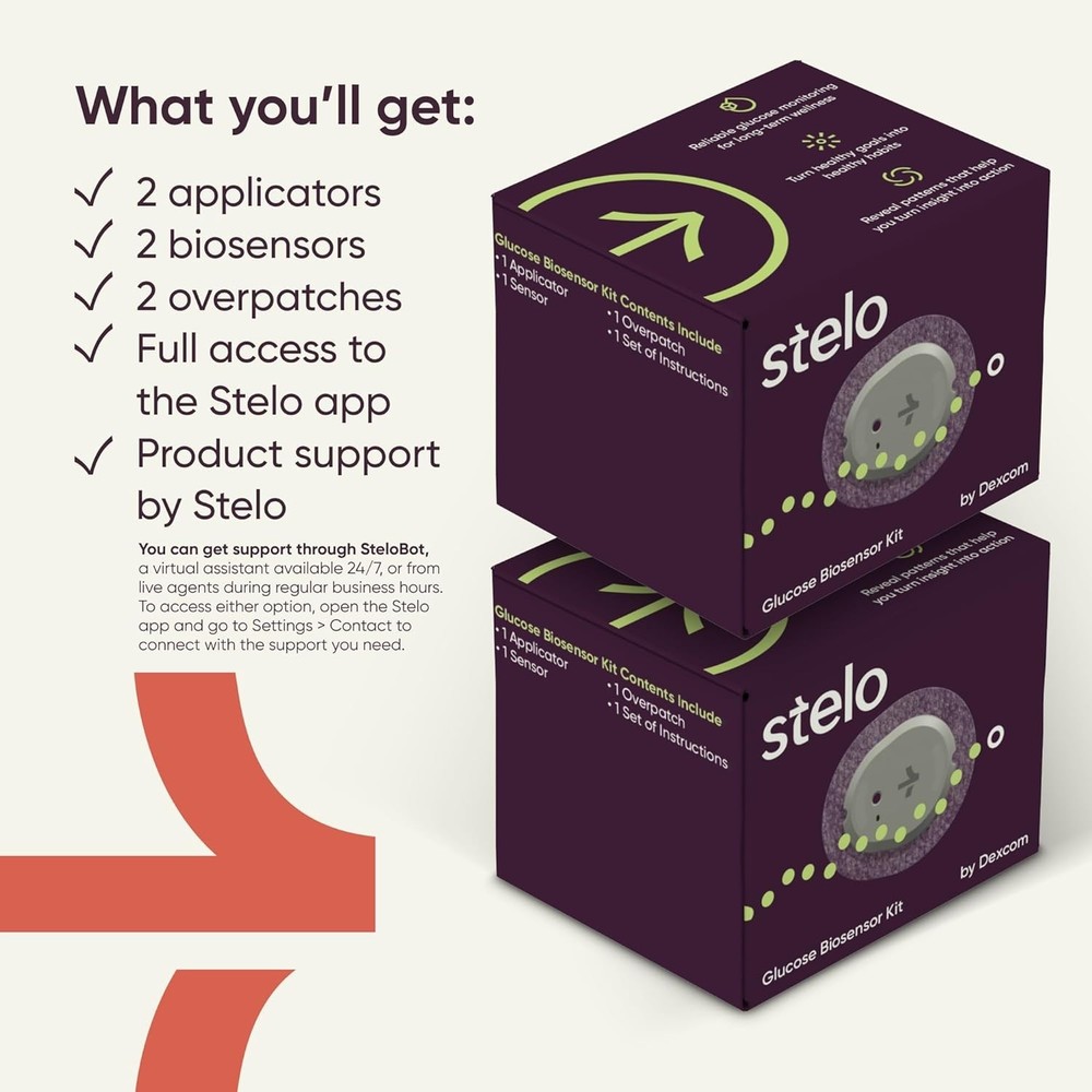 Stelo Glucose Biosensor by Dexcom CGM 2-Pack – 24/7 Glucose Tracking