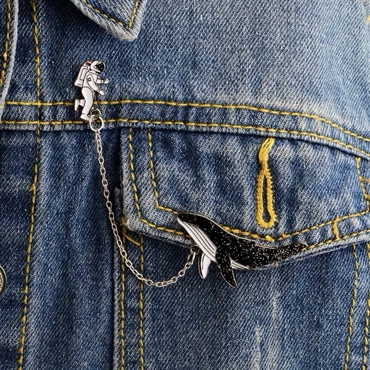 Whale And The Astronaut - Glitter Enamel Pin W/ Chain - Spaceman Tether Space
