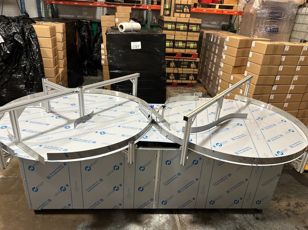 Dual 60" Stainless Rotary Accumulation Buffer Table Packaging Conveyor Labeling