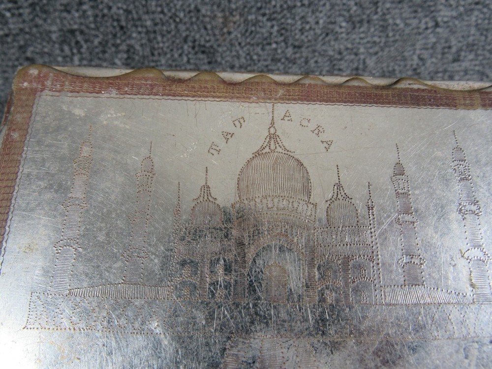 ANTIQUE INDIAN ENGRAVED SILVER PLATE CIGARETTE CASE / BOX, INDIA MAP & PALACE