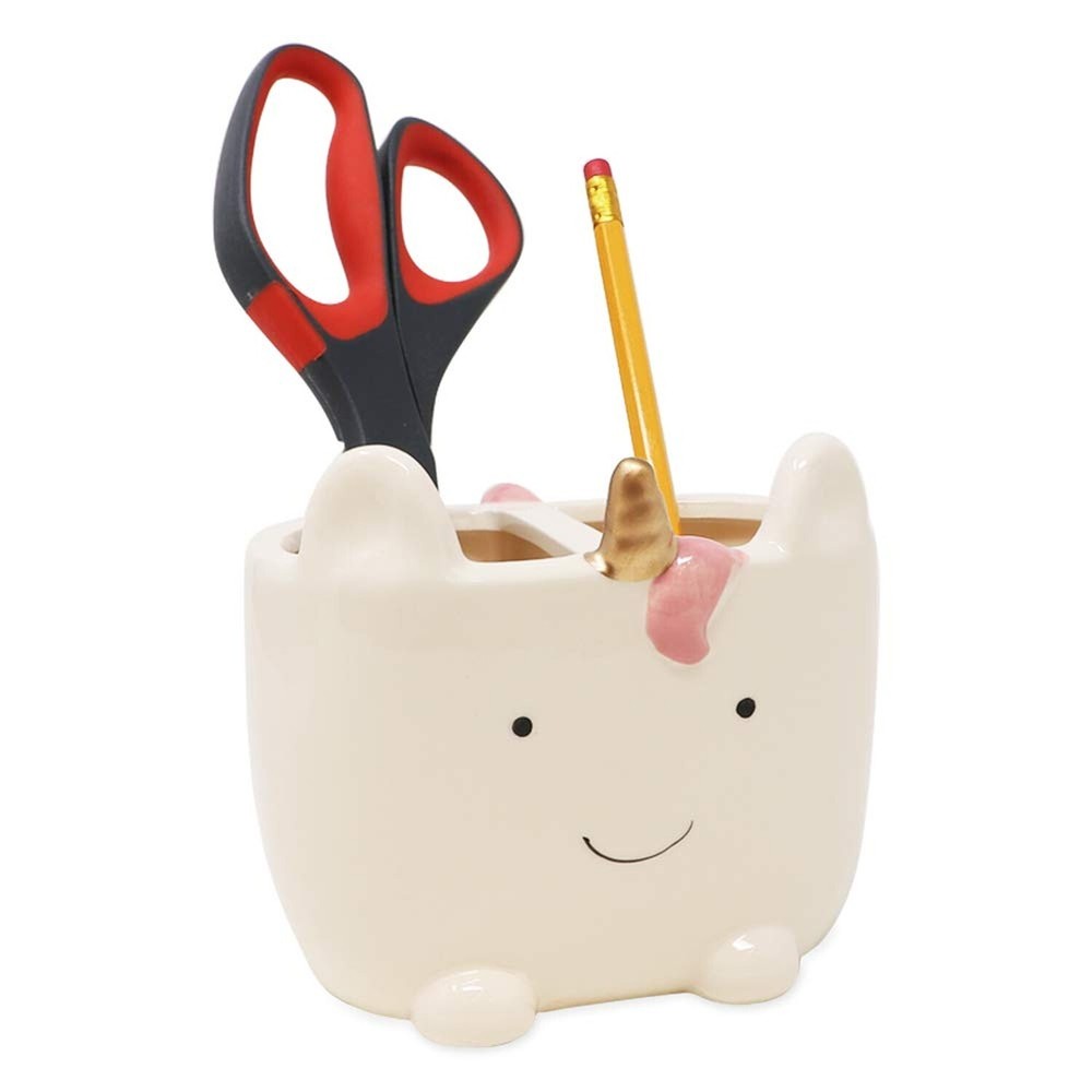 Isaac Jacobs White Ceramic Unicorn Makeup Brush Holder, Multi-Purpose 2-Secti...