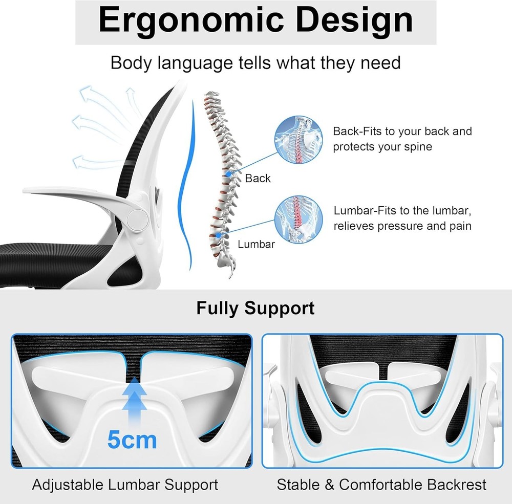 Elite Ergonomic Computer Chair - Adjustable Lumbar Support, Swivel Base, White