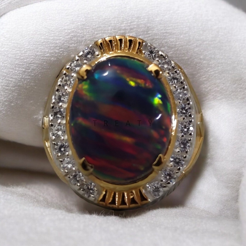 Black Opal Oval Cut Gemstone With 14K Solid White Gold Ring For Men's #775