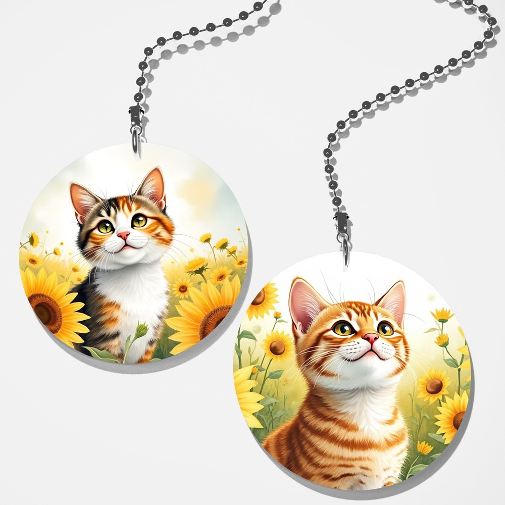 Set of 2 Coordinating Happy Little Sunflower Cats Fan Pull / Light Pull
