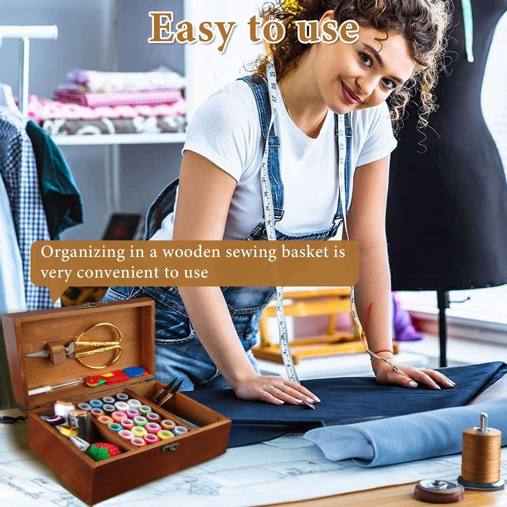 Sewing Kit for Adults Wooden Sewing Box with Thread Scissors Thimble Needle C...