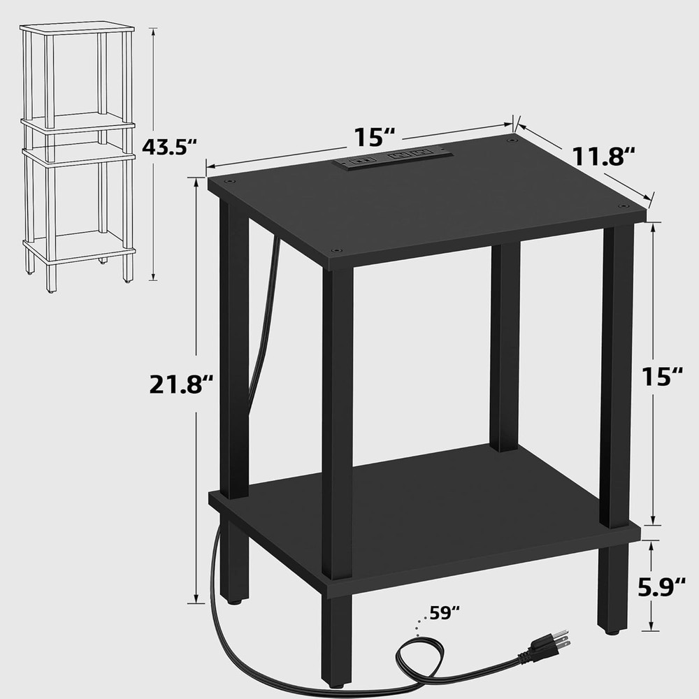 End Table with Charging Station, Set of 2, Small Side Table with Outlets