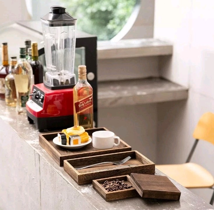 Rustic Wooden Serving Trays with Handle - Set of 7 Rectangular Platters