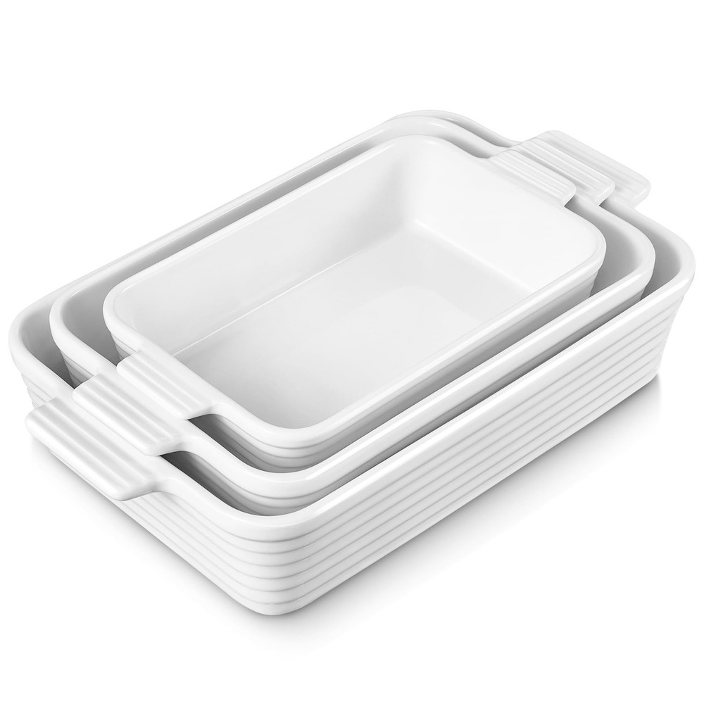 Jassceram Ceramic Baking Dishes Set of 3 with Handles, Deep Rectangular Porce...