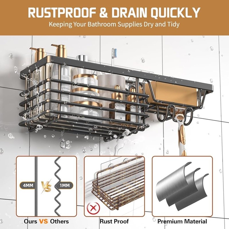 3 Pack Shower Caddy Organizer Rustproof Adhesive Shelf Set Quick Drainage Hooks