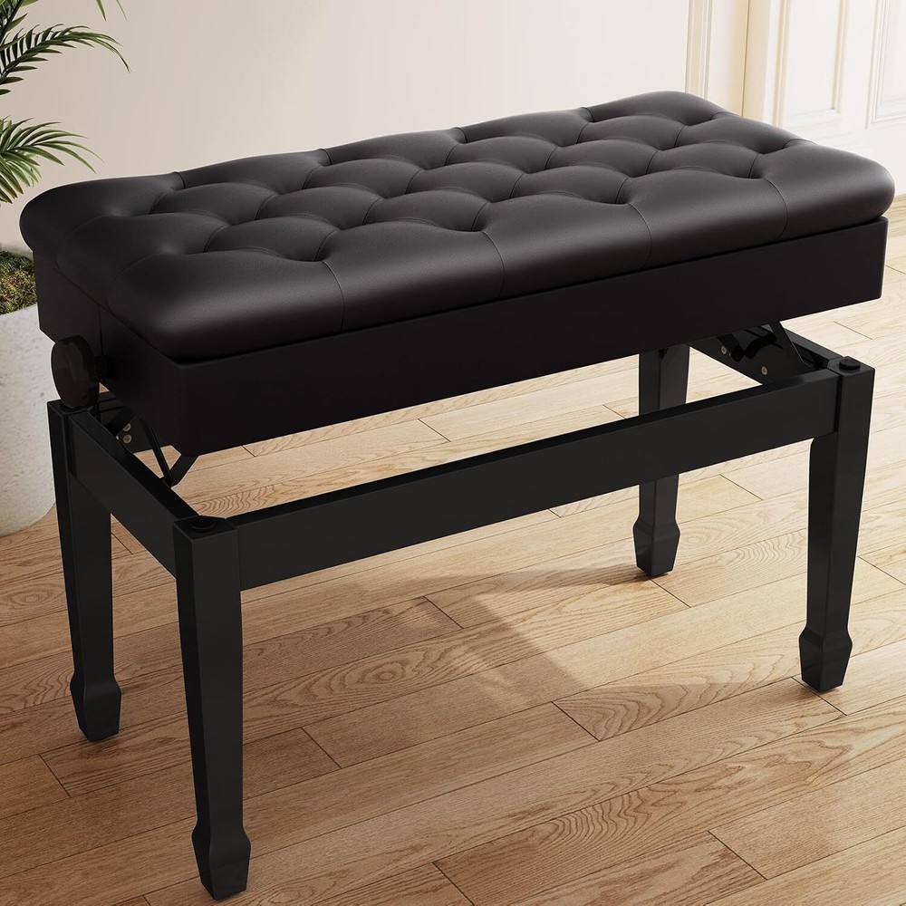 Adjustable Piano Bench Solid Wood Piano Stool with PU Leather Cushion&Storage