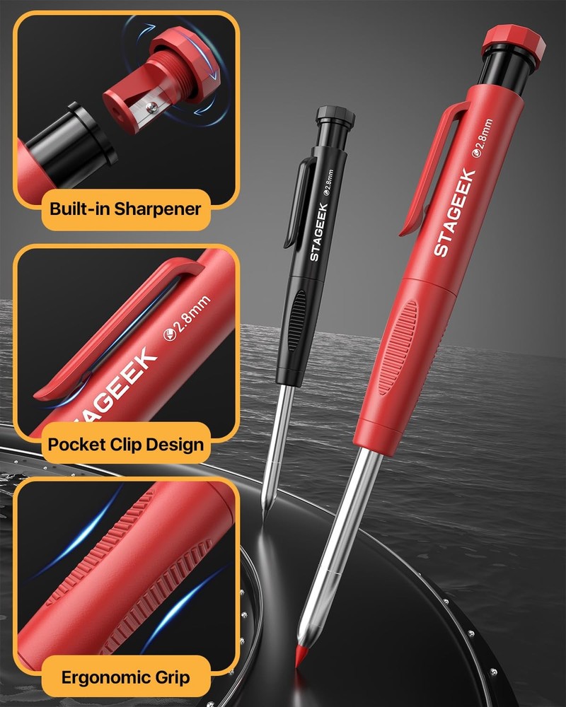 Carpenter Pencils Set: Heavy Duty, Mechanical, Deep Hole, 52 Refills, Sharpener