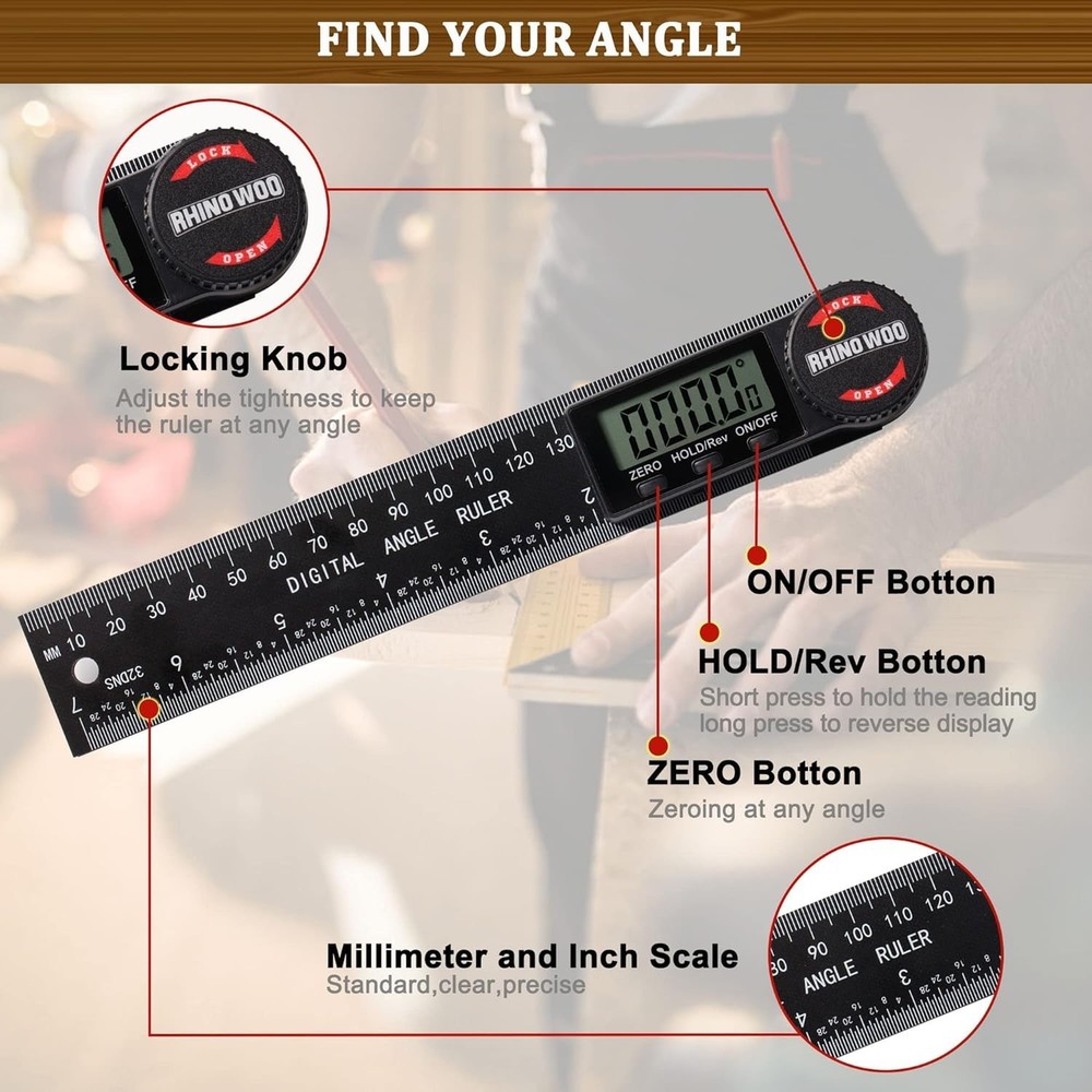 Enhanced ABS Angle Finder Protractor - Readable LCD Display & Batteries Included