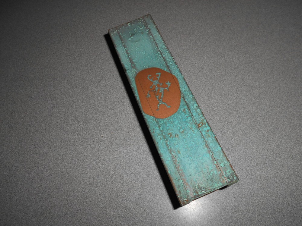 Southwest pattern handcrafted copper matchstick holder 8 inch pre owned