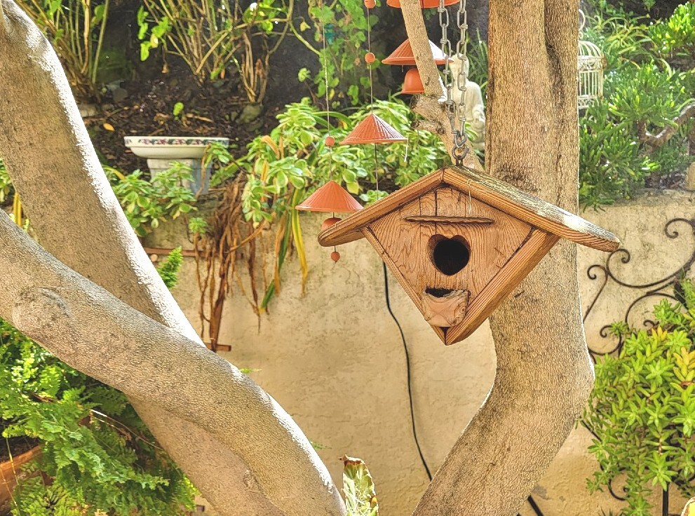 Vintage Triangular Hanging Birdhouse In Solid Oak, Heart Shaped Entry, Good Cond