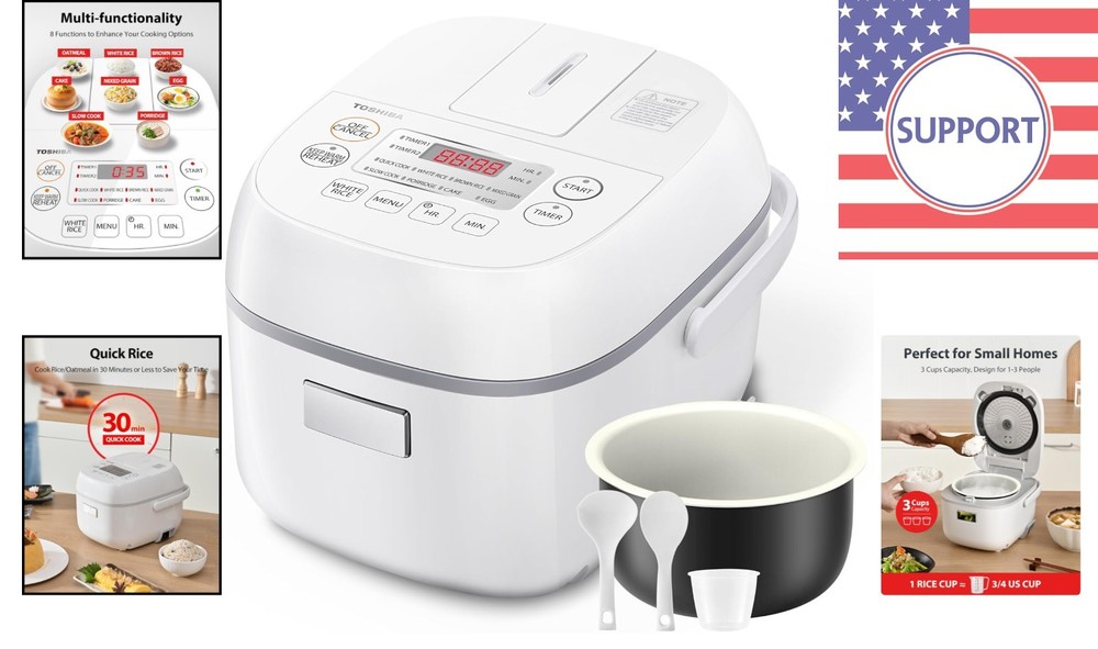 Mini Rice Cooker - 3 Cups, 8 Cooking Functions, Easy Clean - White