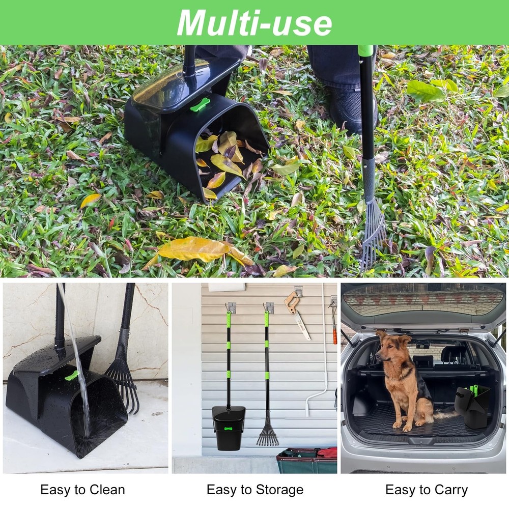 Pooper Scooper with Heavy Duty Swivel Bin & Rake, Long Handle for Medium/Smal...