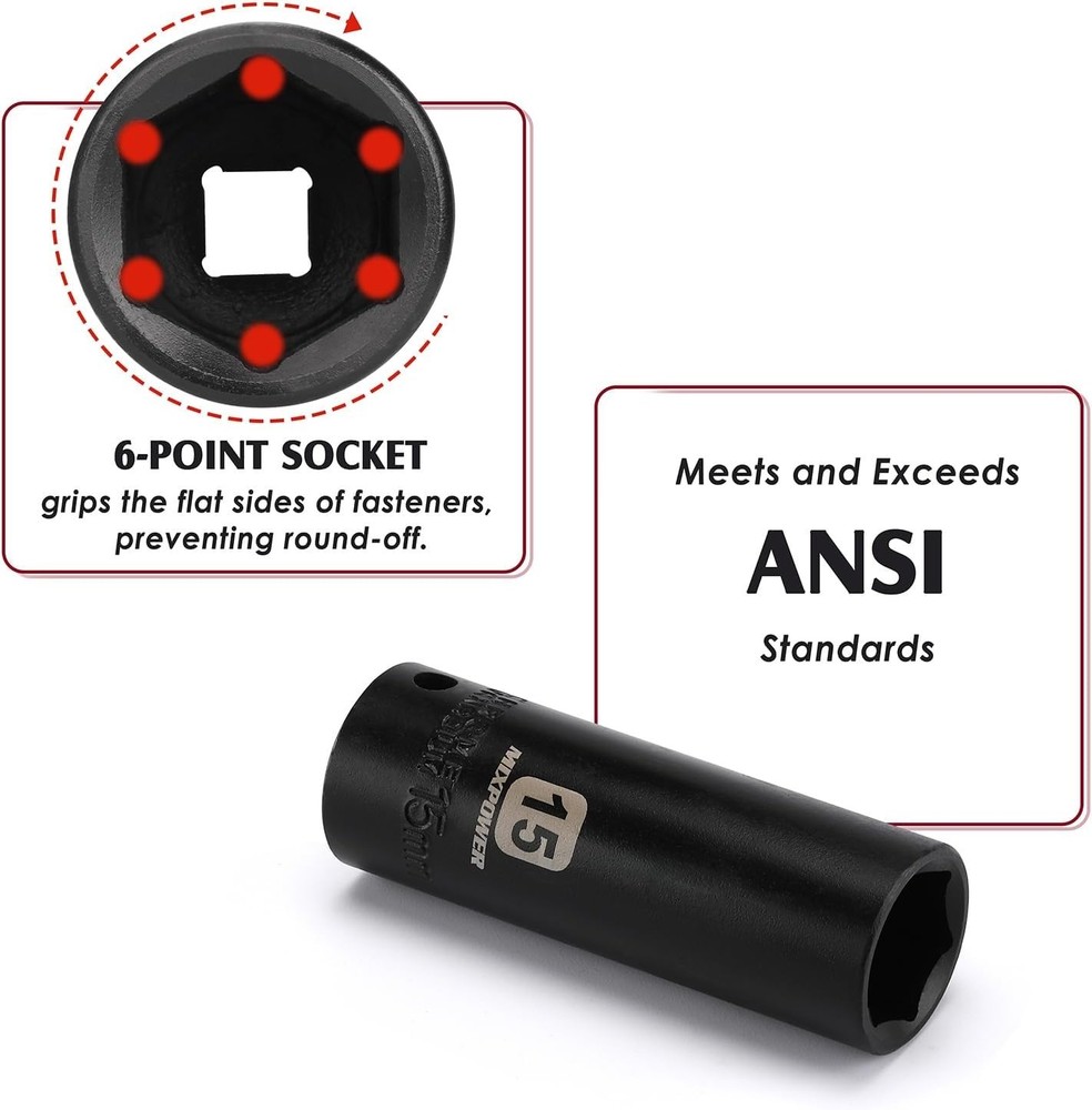 3/8" Drive Deep Impact Socket Set, 6 Point, 31 Piece SAE and Metric Socket Se...