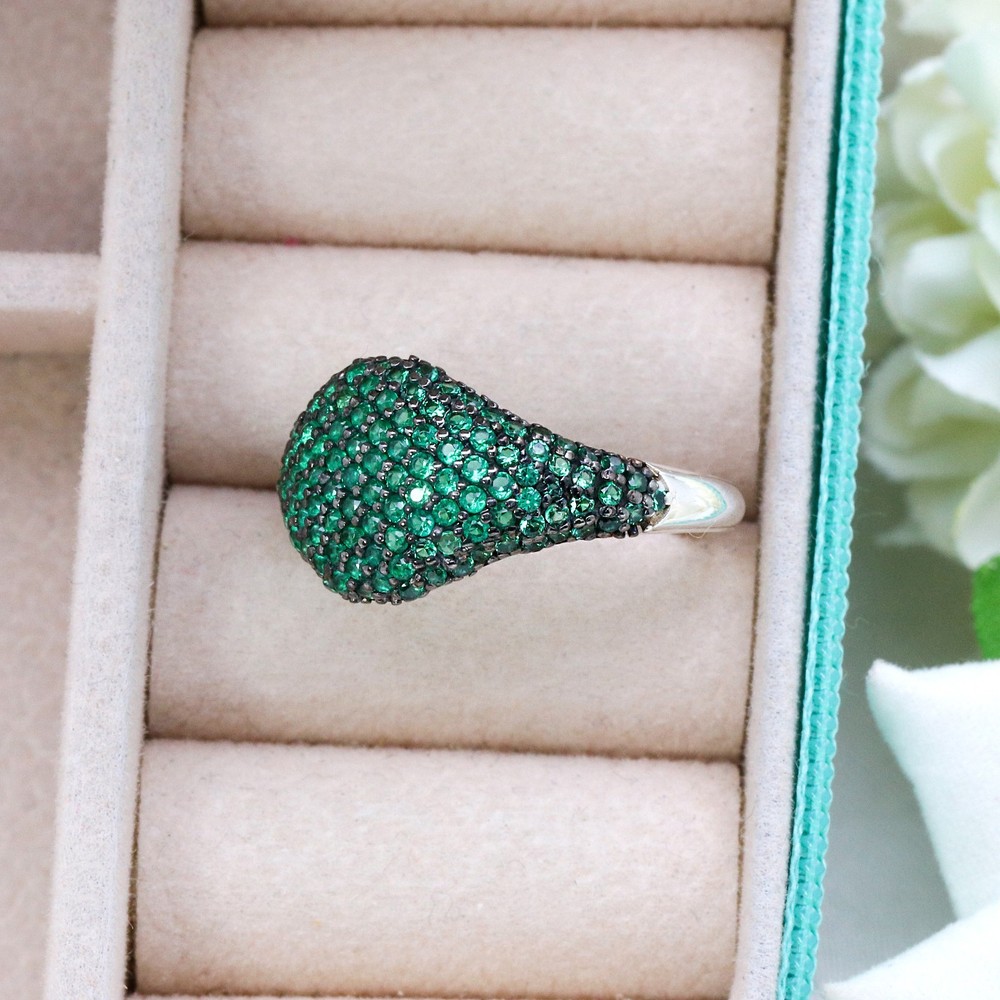 925 Sterling Silver Lab Created Emerald Pave Ring, Dome Statement Ring for Women