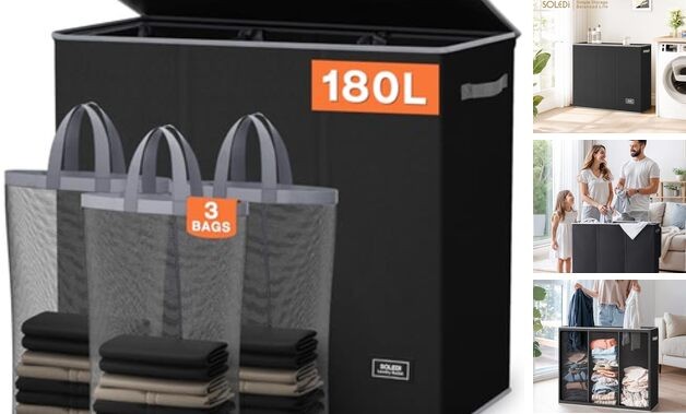 Laundry Hamper 3 Section, Extra Large Laundry Hamper with Lid, 180L Black