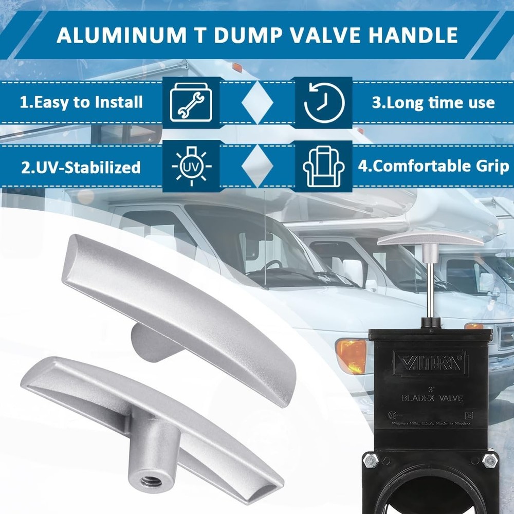2pc RV Camper Waste Valve Handle Aluminum T Replacement 39507, Silver