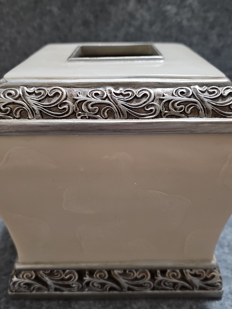 Decorative Tissue Box Cover Cream Ivory Silver Scroll Bathroom Vanity Square