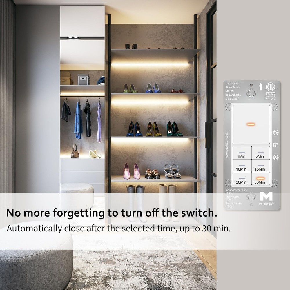 Minoston Countdown Timer Switch with Dimmable Indicator, 30 Min Wall Bath Fan...