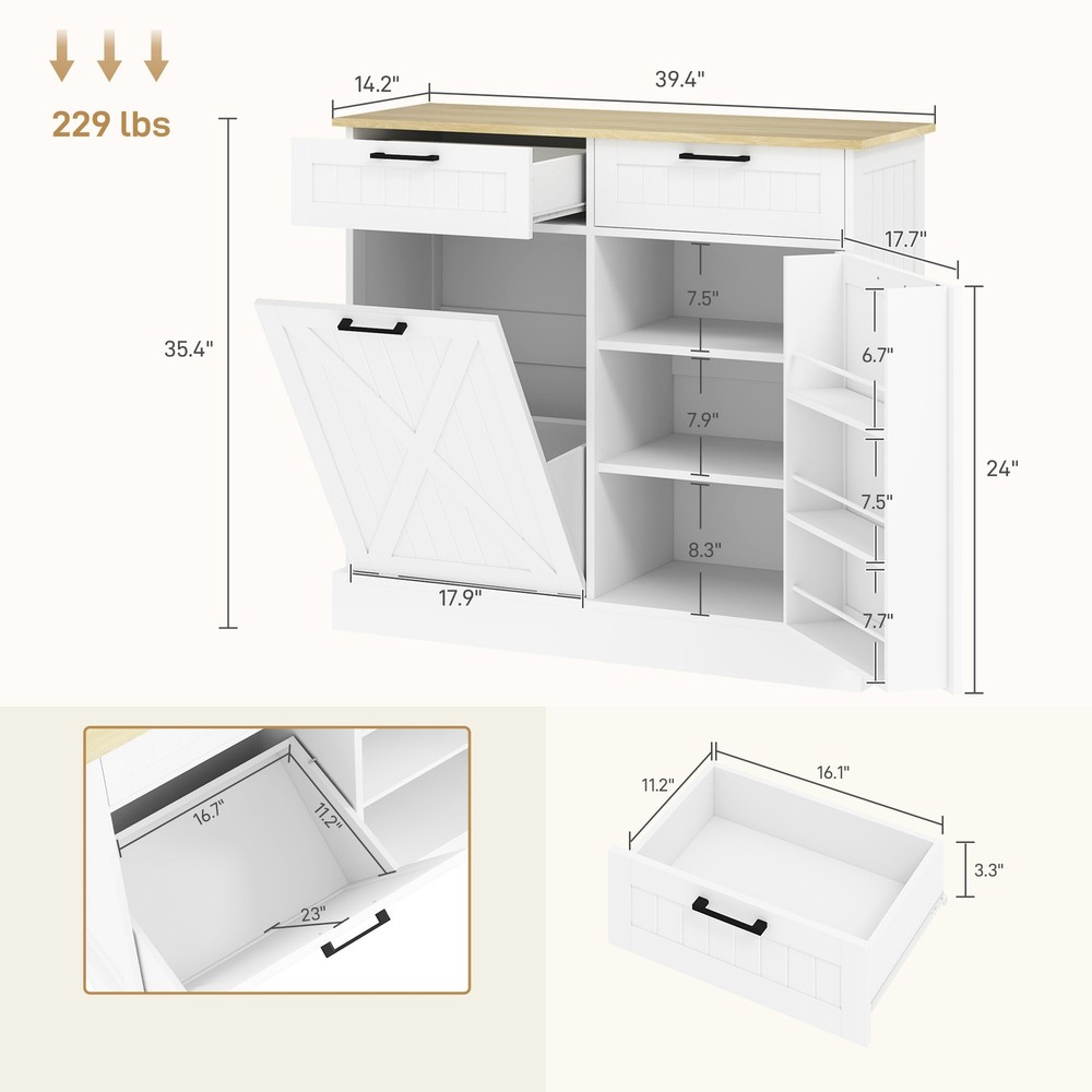 Kitchen Island with Trash Can Storage and Drawers, White