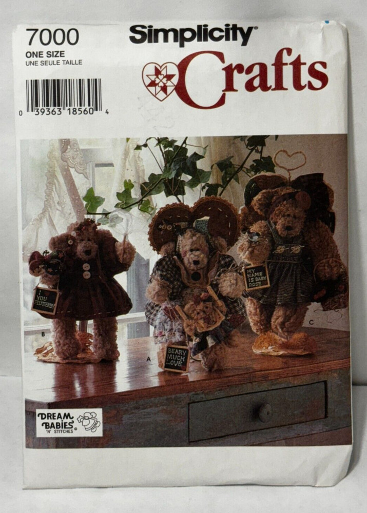 Simplicity #7000 BEARS WITH CLOTHES & ANGEL WINGS 12"  Sewing Pattern Uncut