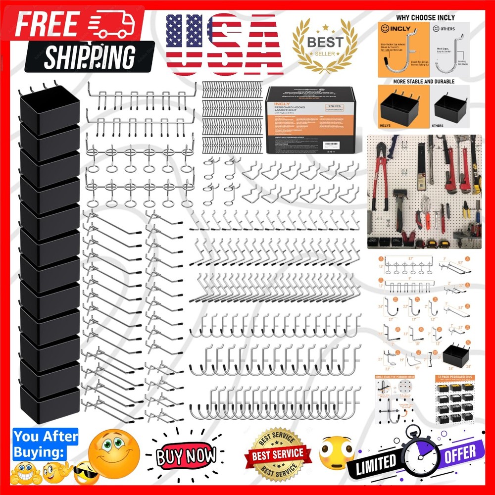 278PCS Pegboard Accessories Organizer Kit, Peg Board Hooks Assortment with Bi...