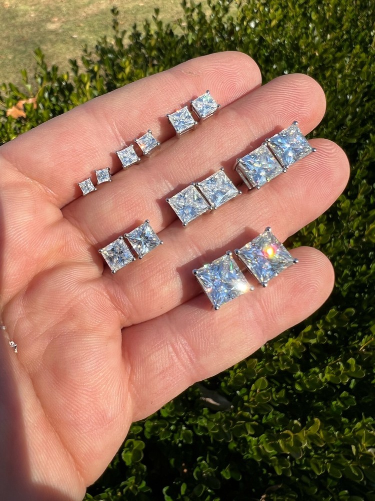Real Square Princess Stud Earrings Unisex Silver Passes Tester