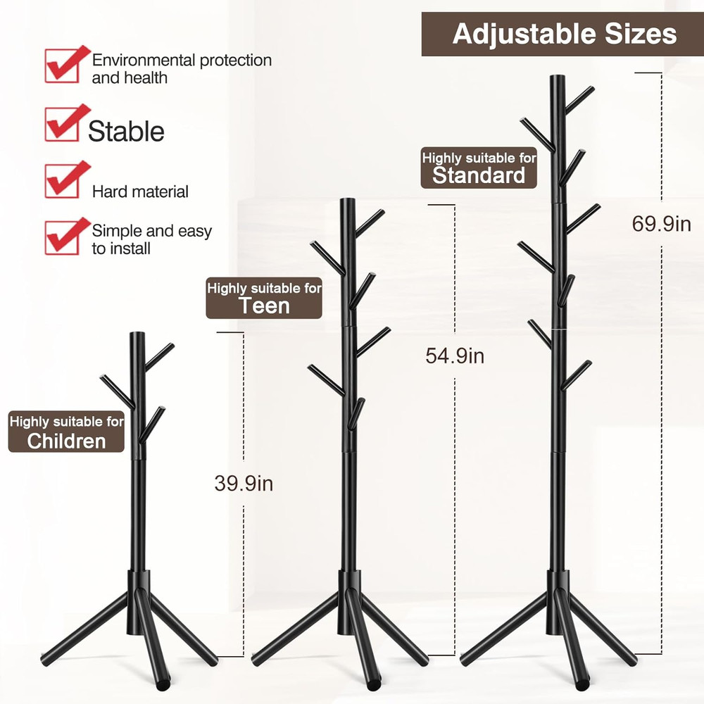 Coat Rack, Freestanding Coat Rack with 8 Hooks and 3 Adjustable Size Tree Coat R