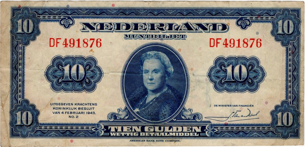 Netherlands 1943 10 Gulden P66a VF