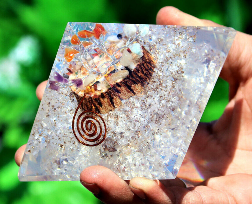 90MM Epoxy Resin W/ Clear Crystal Chips Stone Tree Made Healing Power Pyramid