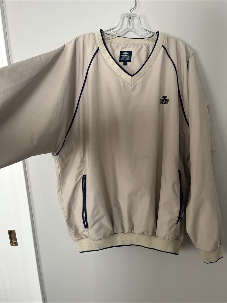 Pebble Beach Pullover Windbreaker Mens Size Large Beige Embroidered Logo V Neck