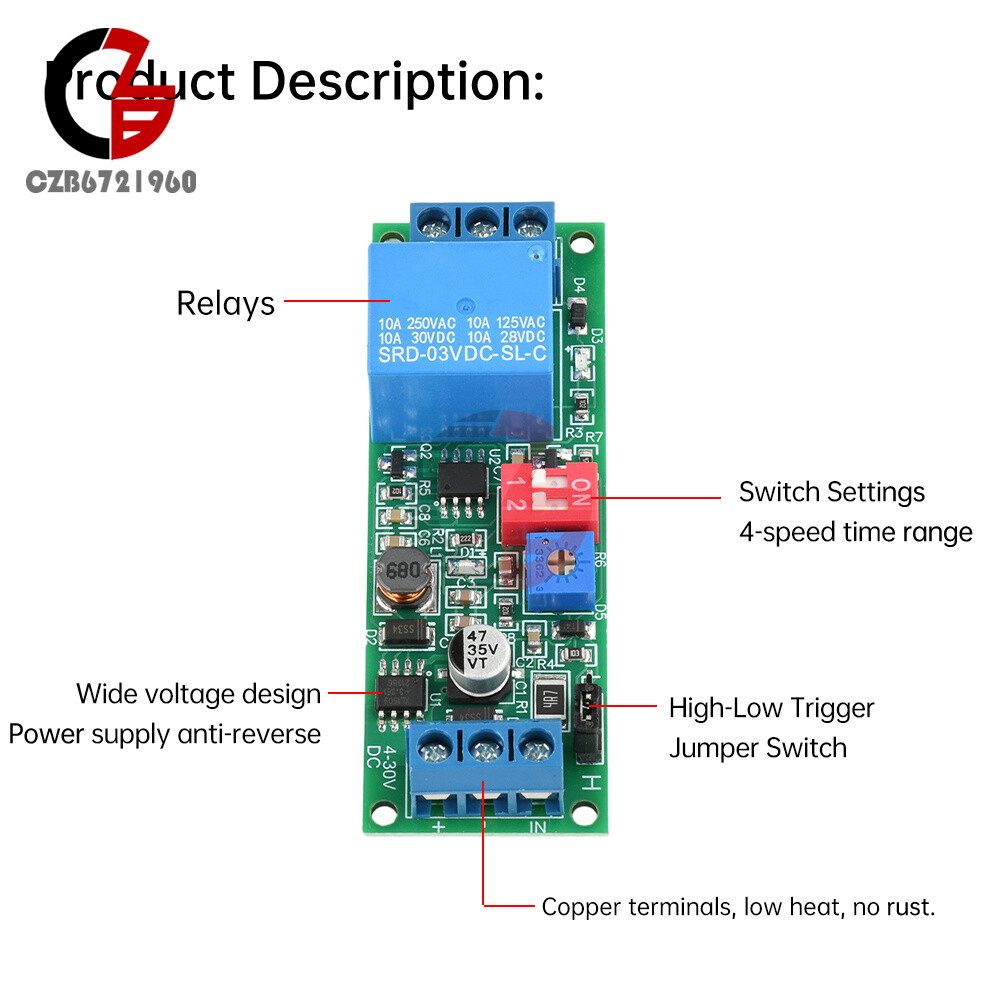 DC4-30V Power Adjustable Delay Relay Timer Control Module Trigger Delay Switch