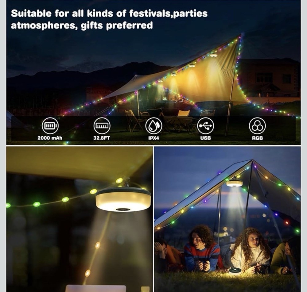 Siloon Camping String Lights, 2 in 1 Outdoor String Lights with 8 Lighting Mo...