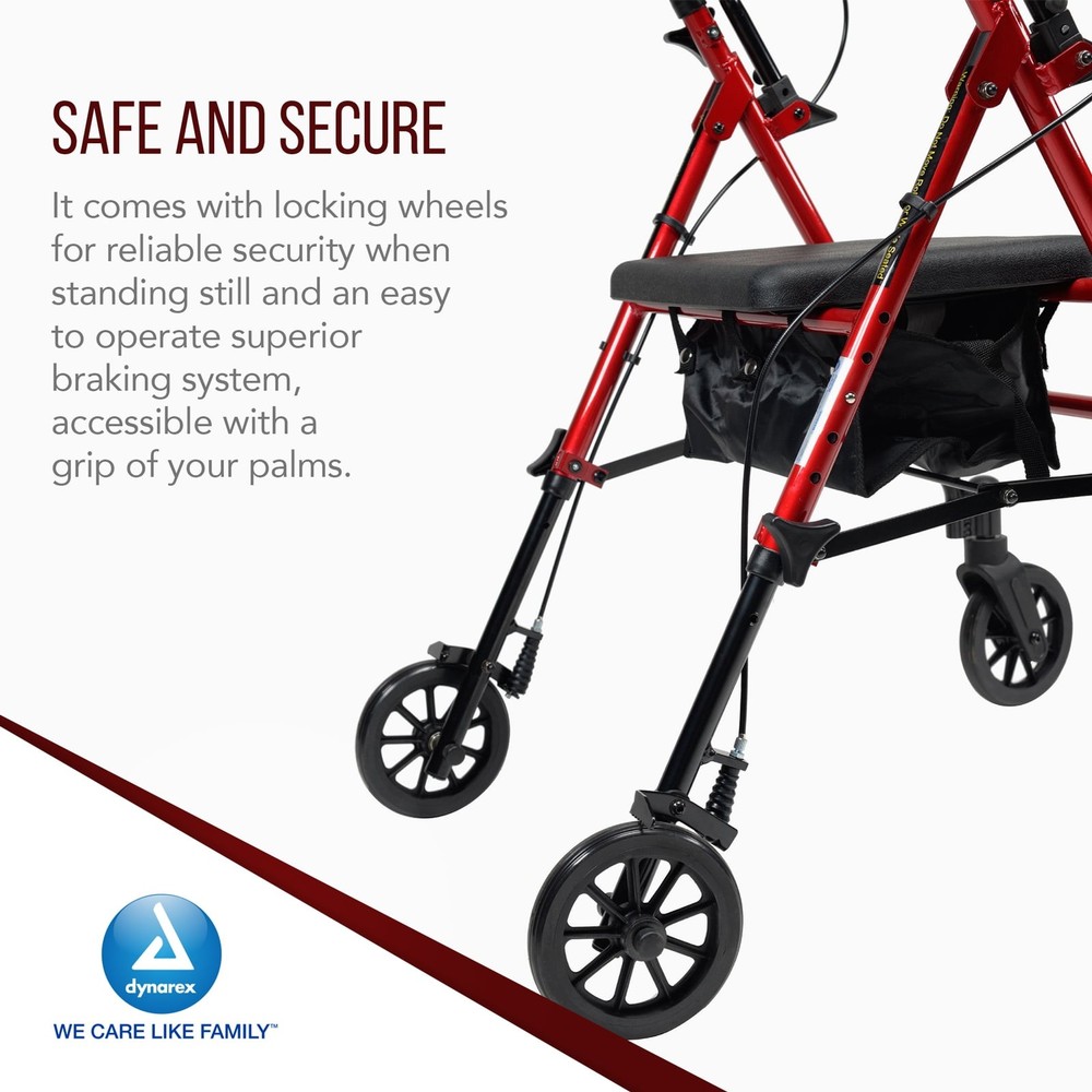 Dynarex DynaGo Flex Rollator, 6" Wheels, Adjustable Seat Height, Red Frame