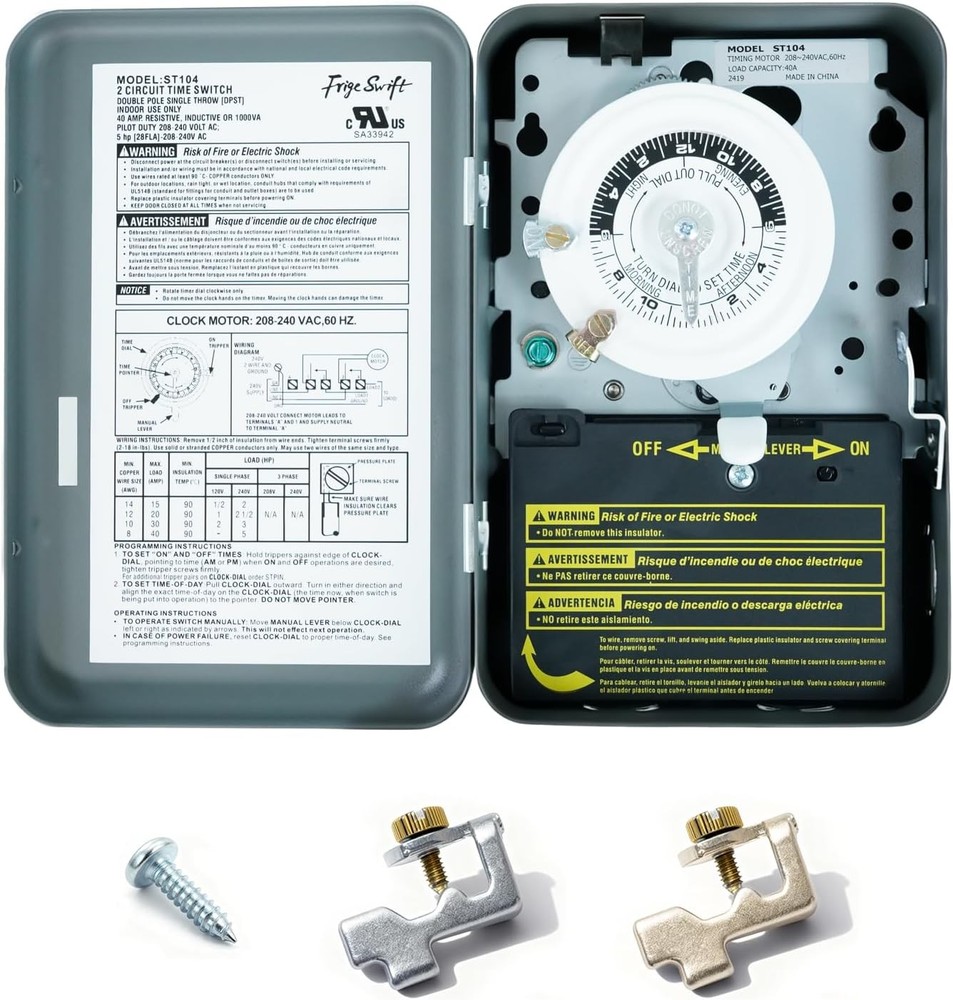T104 24Hr Mechanical Timer 40A DPST 208-240V for Lighting Water Heater