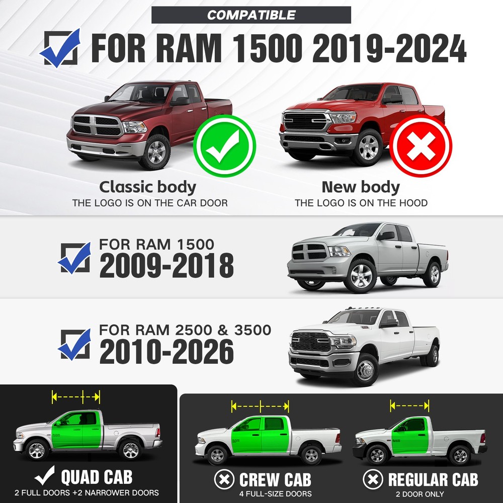 3-Raised Steps Side Running Boards For 2010-2026 Ram 2500 & 3500 Extended Cab
