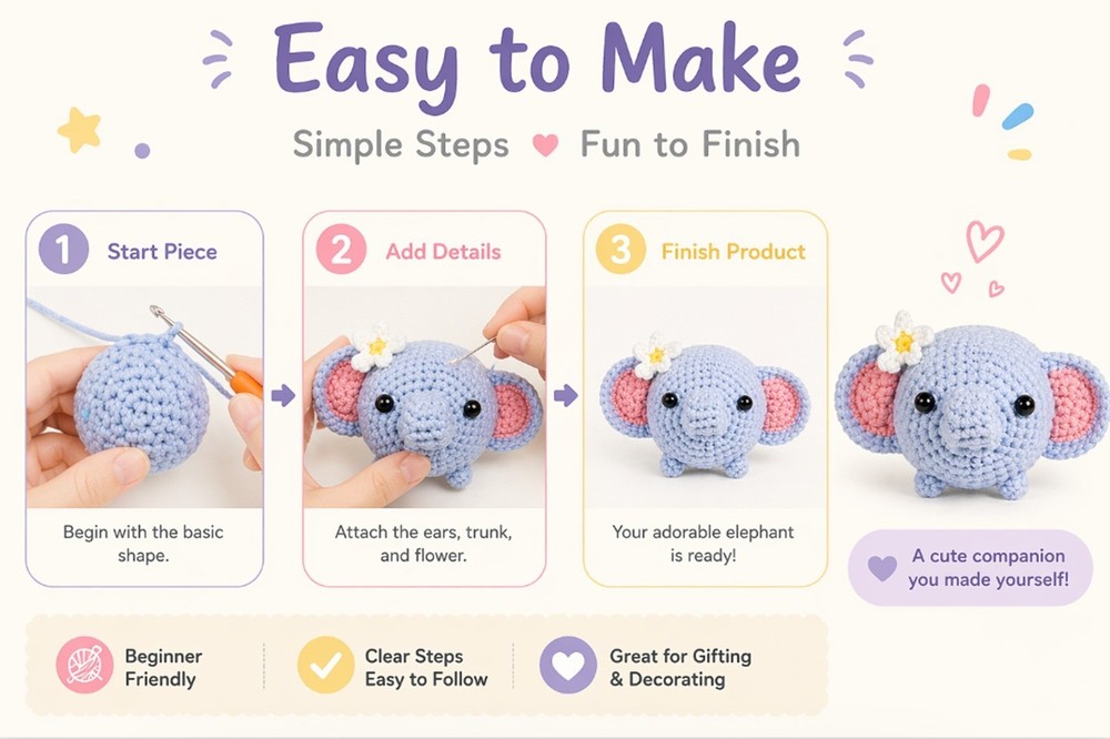 Elephant Crochet Kit for Beginners Amigurumi DIY Set with Video Tutorial