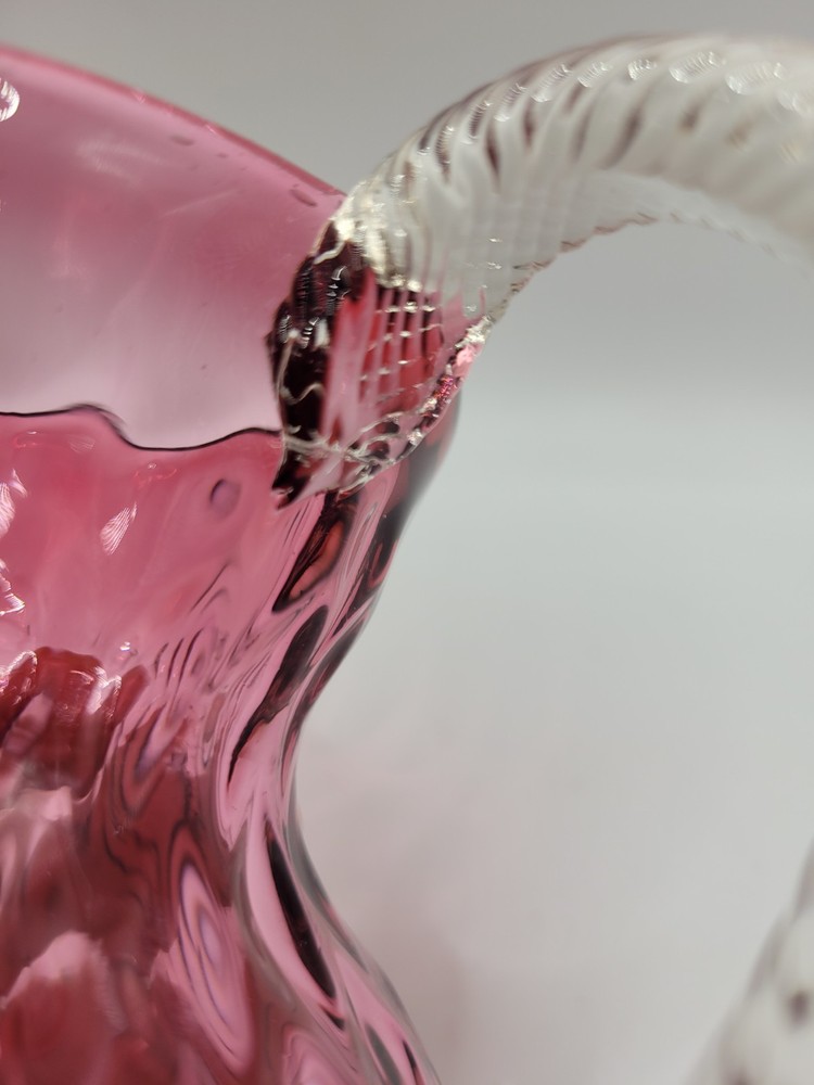 Cranberry Art Glass Pitcher Diamond Pattern With Applied Clear Handle