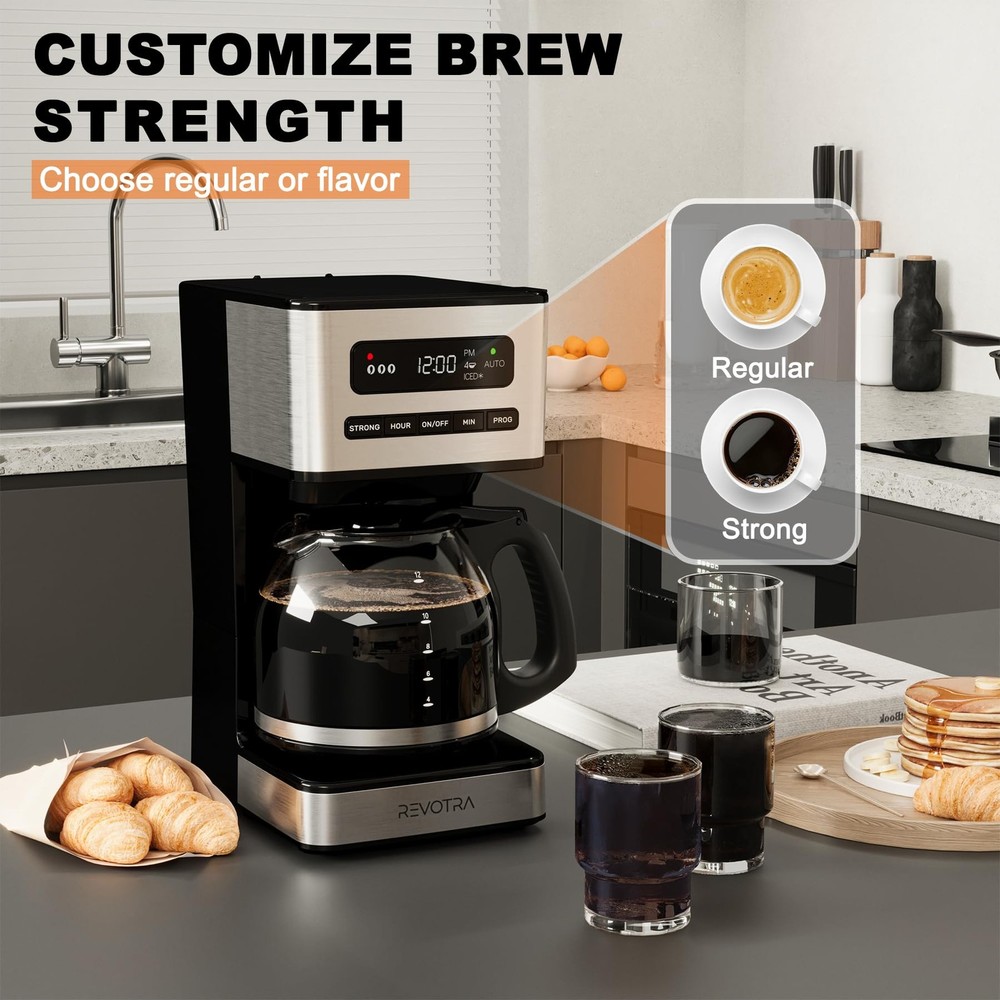 12-Cup Programmable Coffee Maker, Regular & Strong Brew Drip Coffee Machine, ...