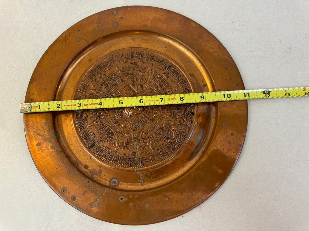Vintage Solid Copper Embossed Mayan Aztec Inspired Round Wall Hang Plate 11"