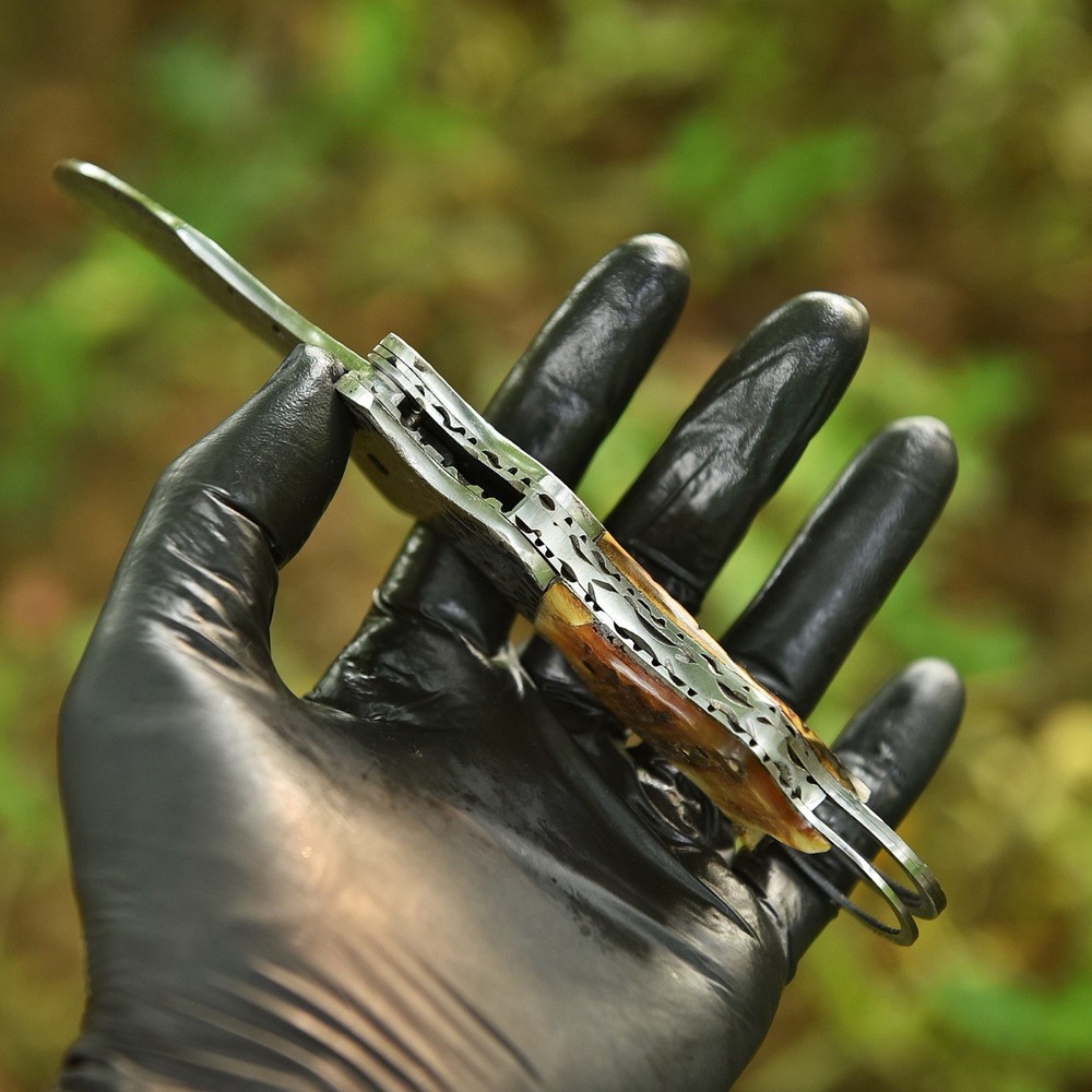 Damascus Folding Karambit Blade Pocket Knife Case -Original Camel Bone Handle