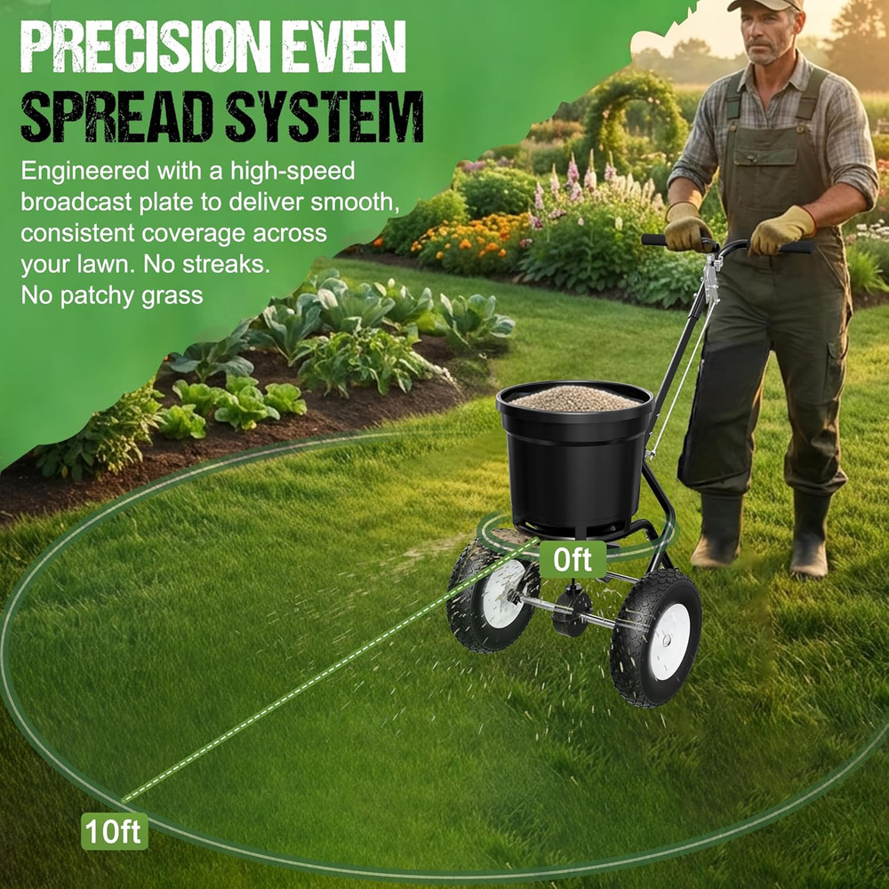 Fertilizer Spreader 50LB Capacity, Walk-Behind Push Broadcast Spreader with Hopp