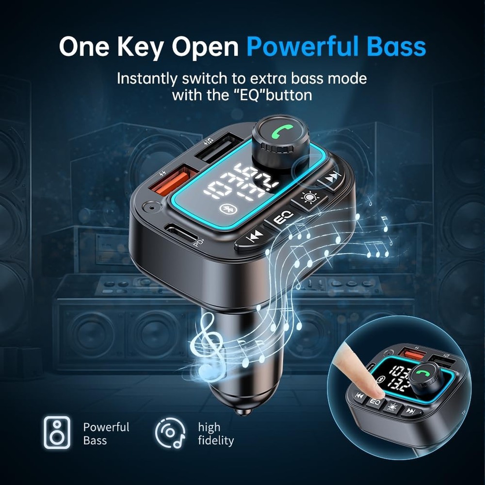 Bluetooth 5.3 Car Adapter FM Transmitter, 42W (PD30W & 12W) USB Small, Black