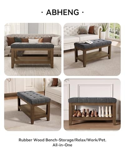Solid Rubber Wood Shoe Bench, Soft Chenille Material 31.5" Chenille & Dark Gray