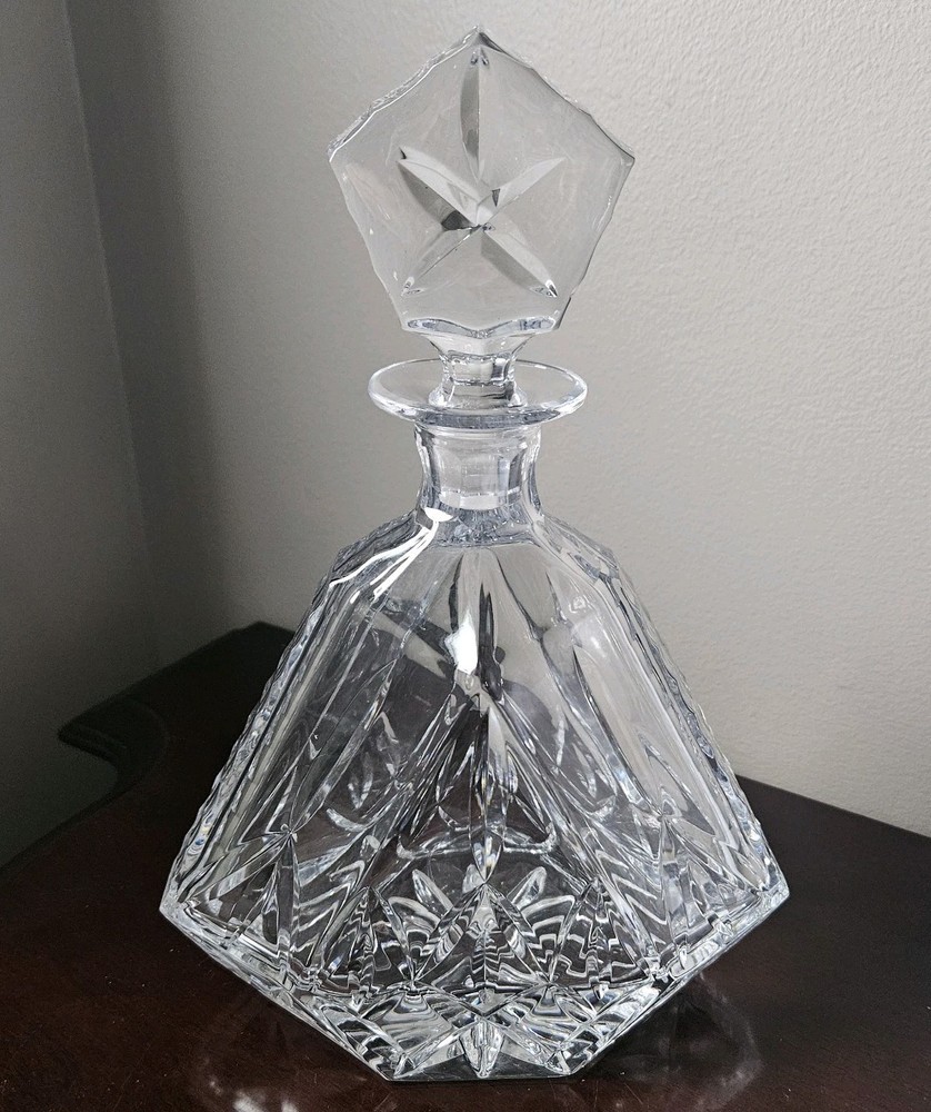 Vintage Block Cut Crystal Triangular Decanter & Stopper Olympic Pattern Heavy